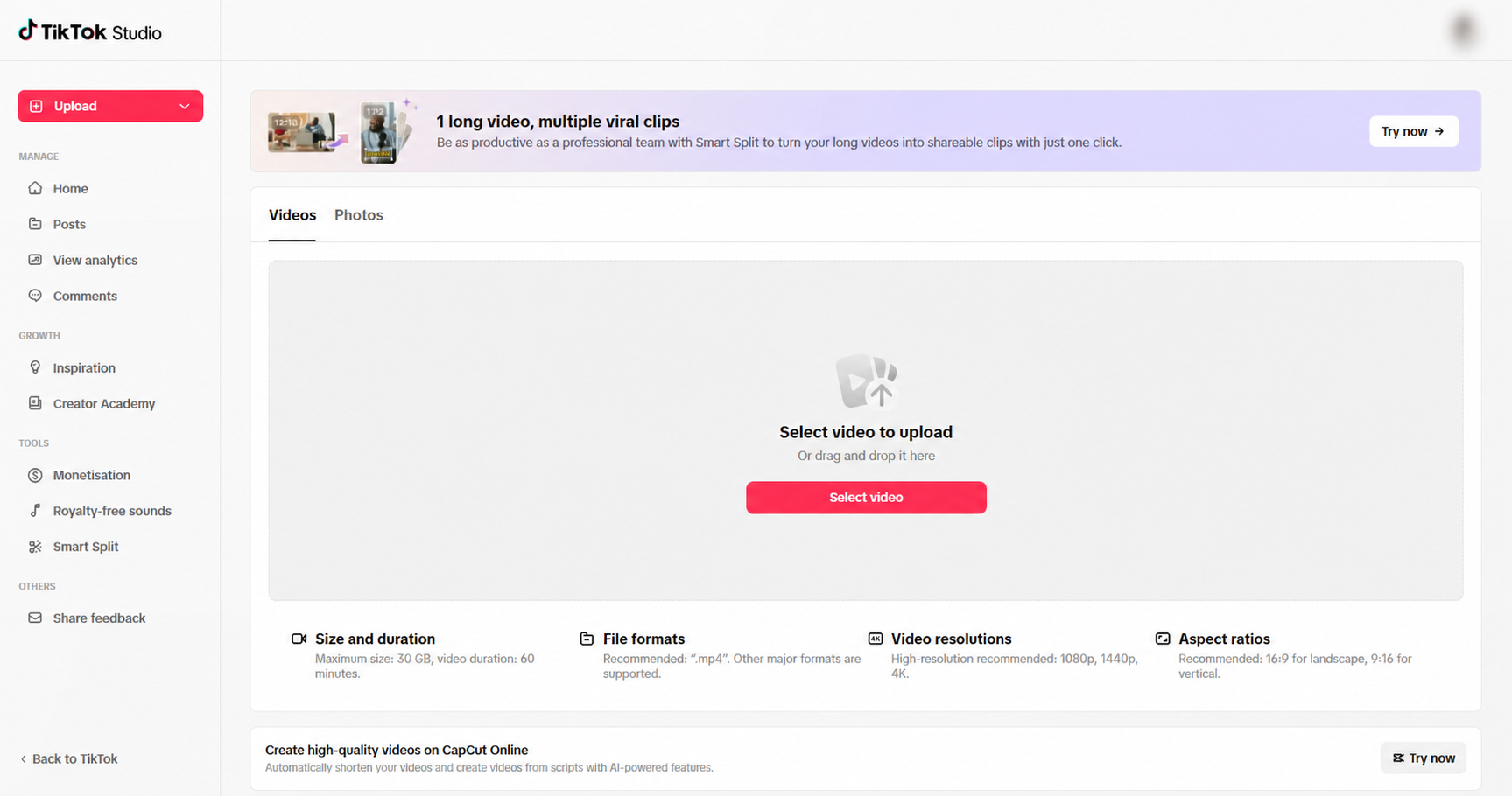 TikTok Studio desktop upload screen